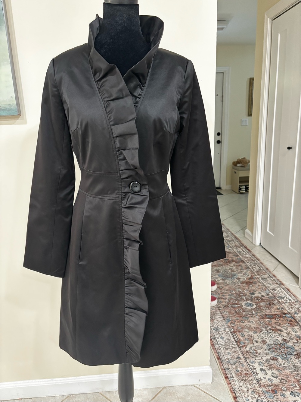 White House Black Market Black Satin Ruffle Trim Jacket